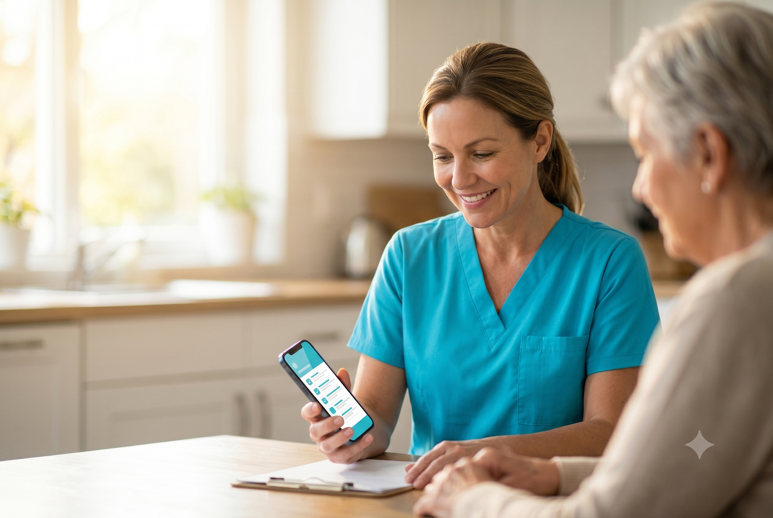 A home-health nurse using TapCharts with a patient at home